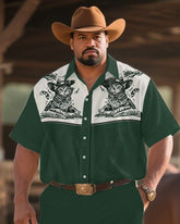 Western Denim-Men's Plus Size Green Western Cat Symmetrical Print Short Sleeve Shirt Trousers Suit